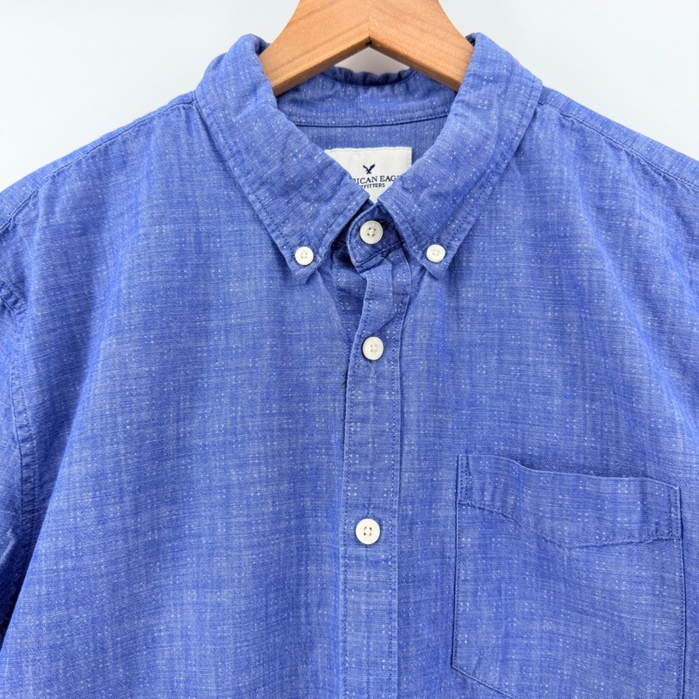 American Eagle Shirt Mens L Blue Geometric Slim Cotton Chambray Short Sleeve - Picture 5 of 12